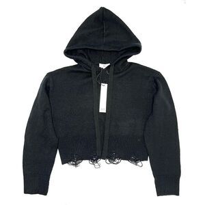 NSR Women’s Black Knit Cropped Knit Pullover Hoodie with Fringe Hem Size Small